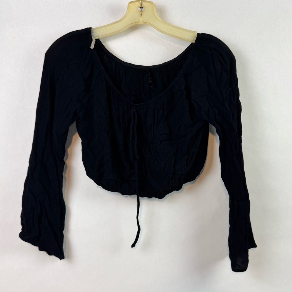 Black Long Sleeve Crop Top with Front Tie